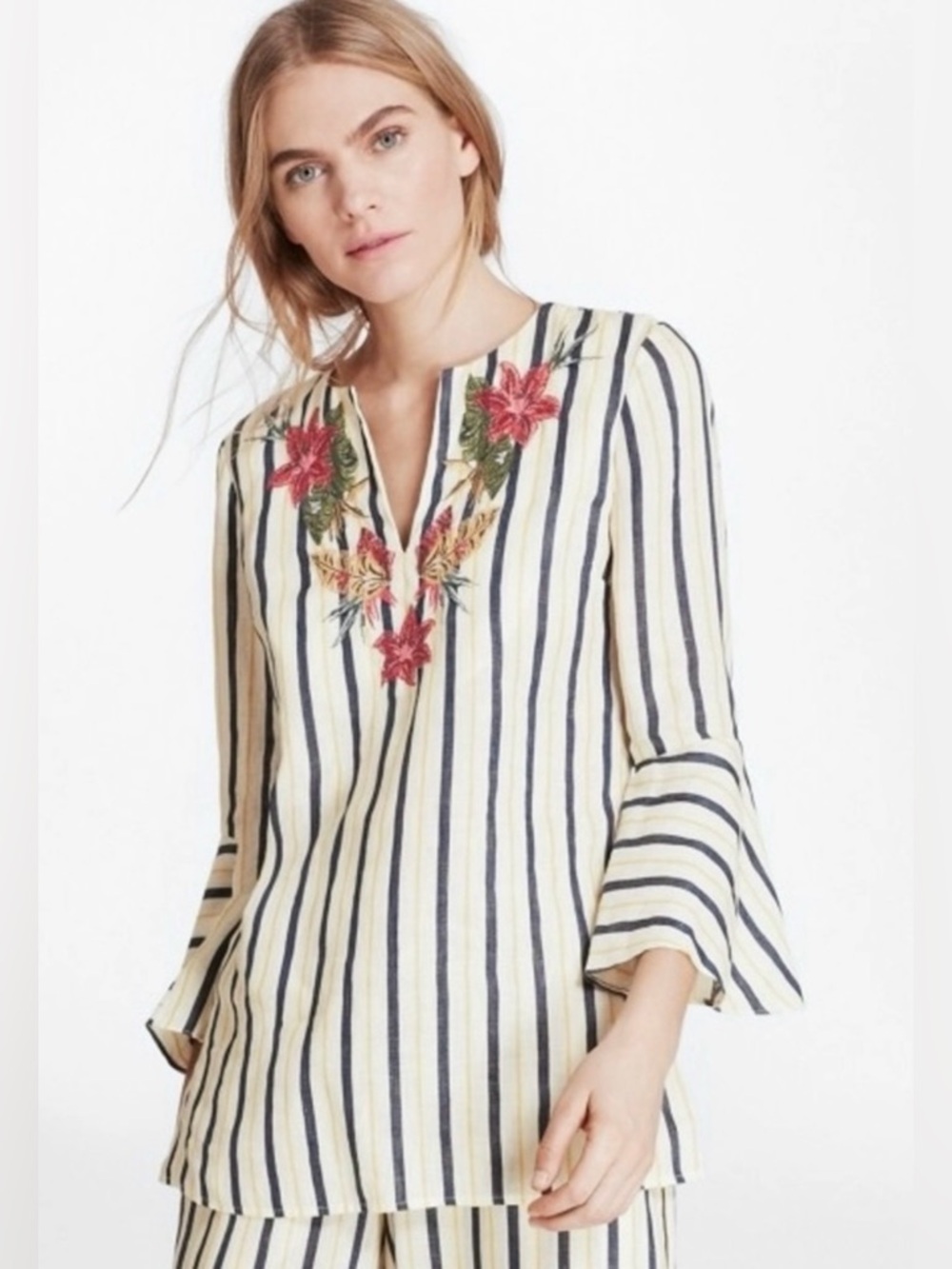 Brooks Brothers 100% Linen Striped Embroidered Floral Blouse Bell Sleeves Size 6